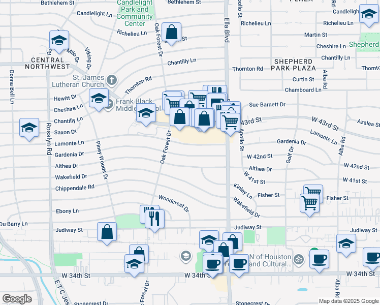 map of restaurants, bars, coffee shops, grocery stores, and more near 1316 Gardenia Drive in Houston
