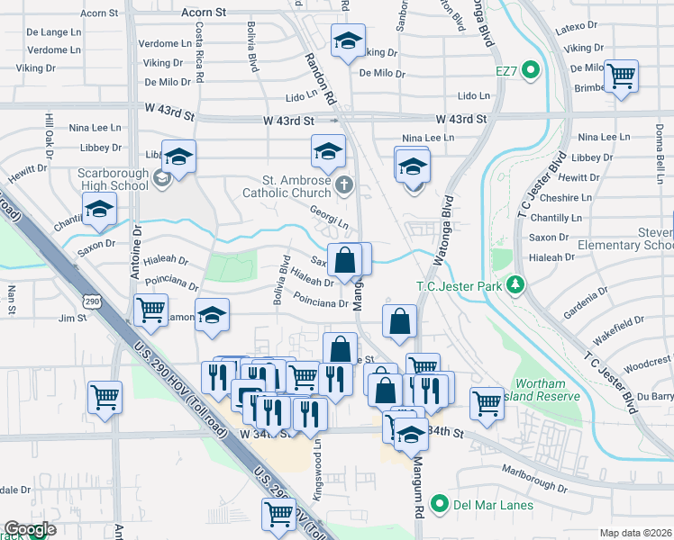 map of restaurants, bars, coffee shops, grocery stores, and more near 3830 Mangum Road in Houston