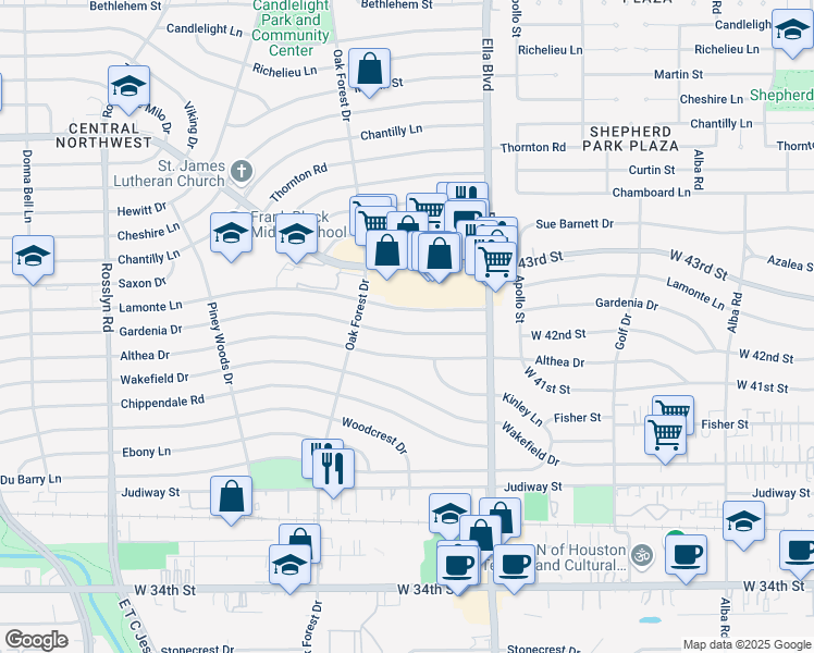 map of restaurants, bars, coffee shops, grocery stores, and more near 1316 Gardenia Drive in Houston