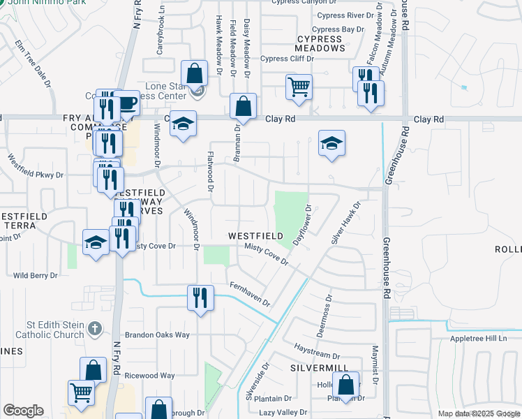 map of restaurants, bars, coffee shops, grocery stores, and more near 3714 Sage Pointe Court in Katy
