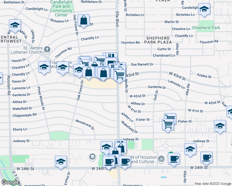map of restaurants, bars, coffee shops, grocery stores, and more near 4105 Ella Boulevard in Houston