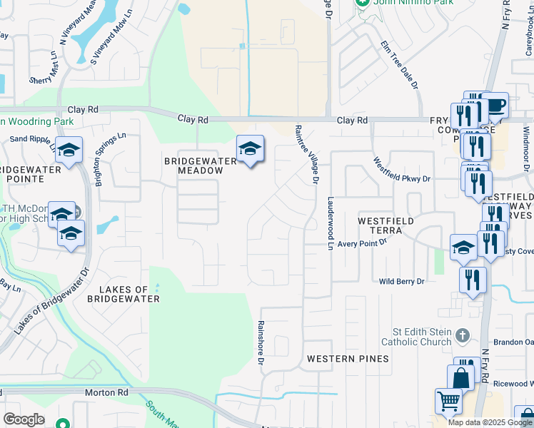 map of restaurants, bars, coffee shops, grocery stores, and more near 20747 Redbud Rain Drive in Katy