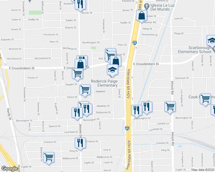 map of restaurants, bars, coffee shops, grocery stores, and more near 7427 Curry Road in Houston