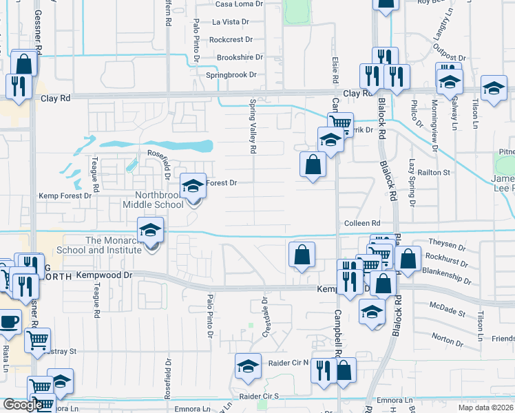map of restaurants, bars, coffee shops, grocery stores, and more near 9711 Lawngate Drive in Houston