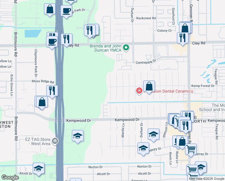 map of restaurants, bars, coffee shops, grocery stores, and more near 2923 Kismet Lane in Houston