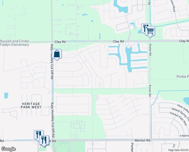 map of restaurants, bars, coffee shops, grocery stores, and more near 3553 Giorgio Pastel Place in Katy