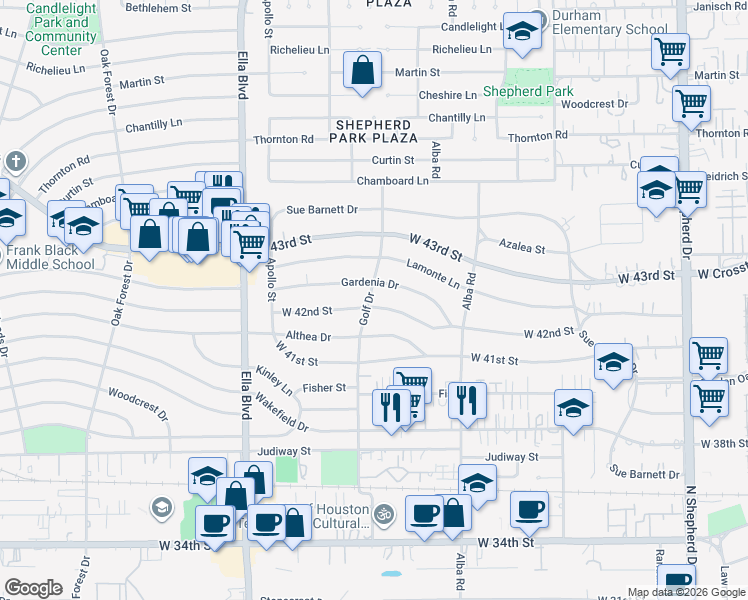 map of restaurants, bars, coffee shops, grocery stores, and more near 982 West 42nd Street in Houston