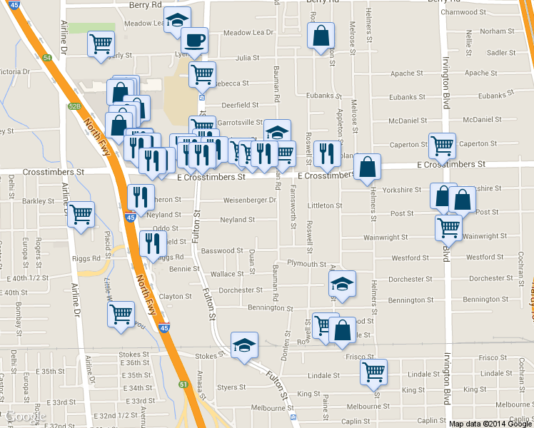 map of restaurants, bars, coffee shops, grocery stores, and more near 7125 Bauman Road in Houston