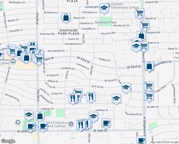 map of restaurants, bars, coffee shops, grocery stores, and more near 918 Gardenia Drive in Houston