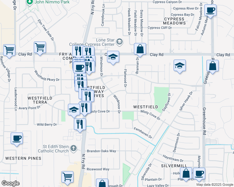 map of restaurants, bars, coffee shops, grocery stores, and more near 19703 Windmoor Court in Katy