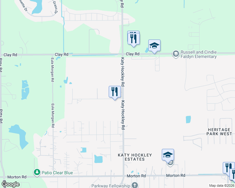 map of restaurants, bars, coffee shops, grocery stores, and more near 3577 Katy Hockley Road in Katy