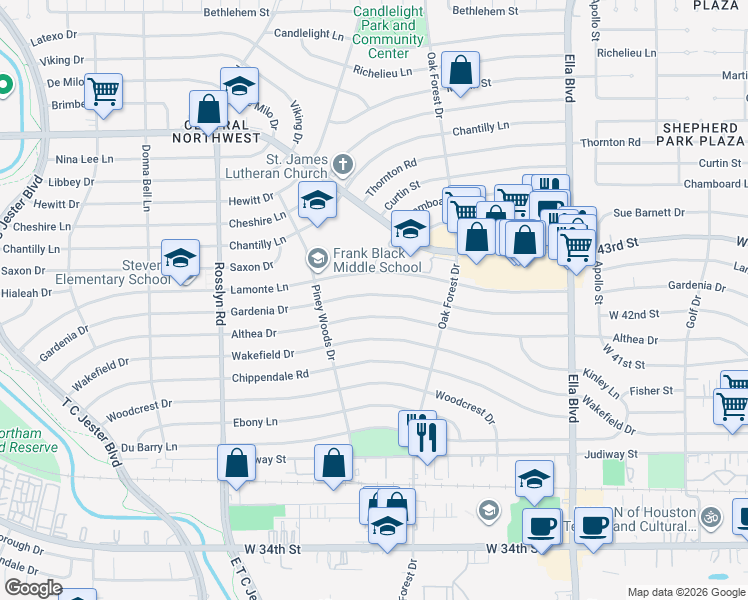 map of restaurants, bars, coffee shops, grocery stores, and more near 1505 Gardenia Drive in Houston