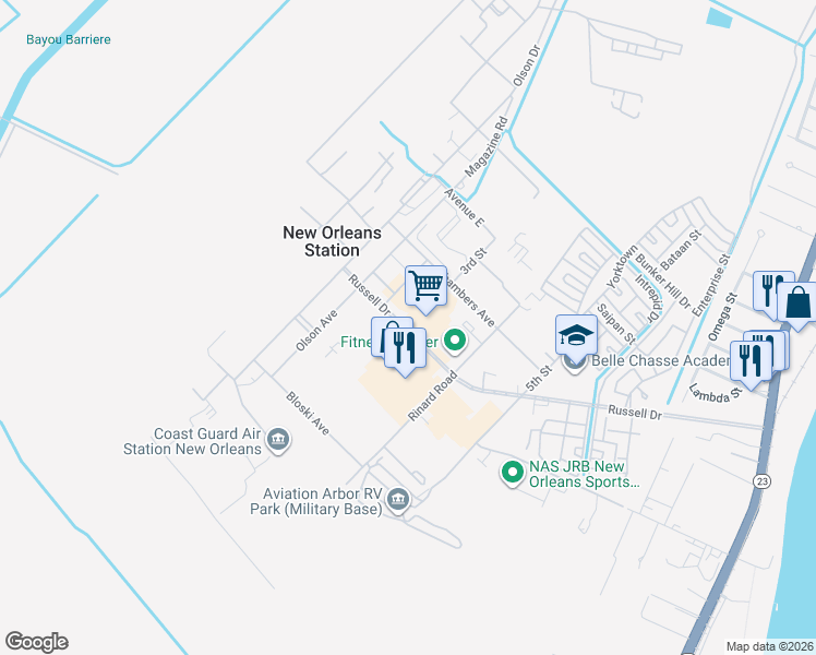 map of restaurants, bars, coffee shops, grocery stores, and more near 400 Russell Drive in New Orleans