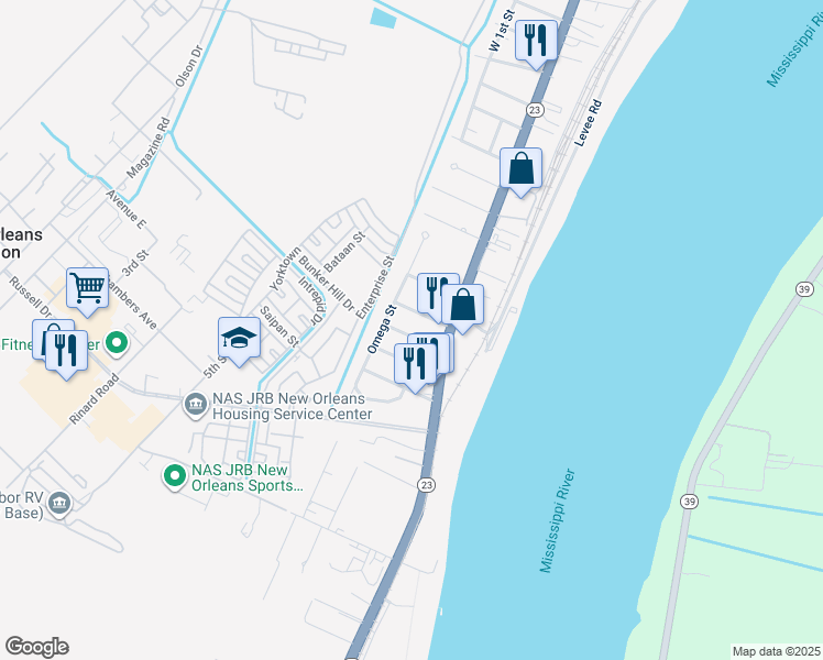 map of restaurants, bars, coffee shops, grocery stores, and more near 118 Iota Street in Belle Chasse