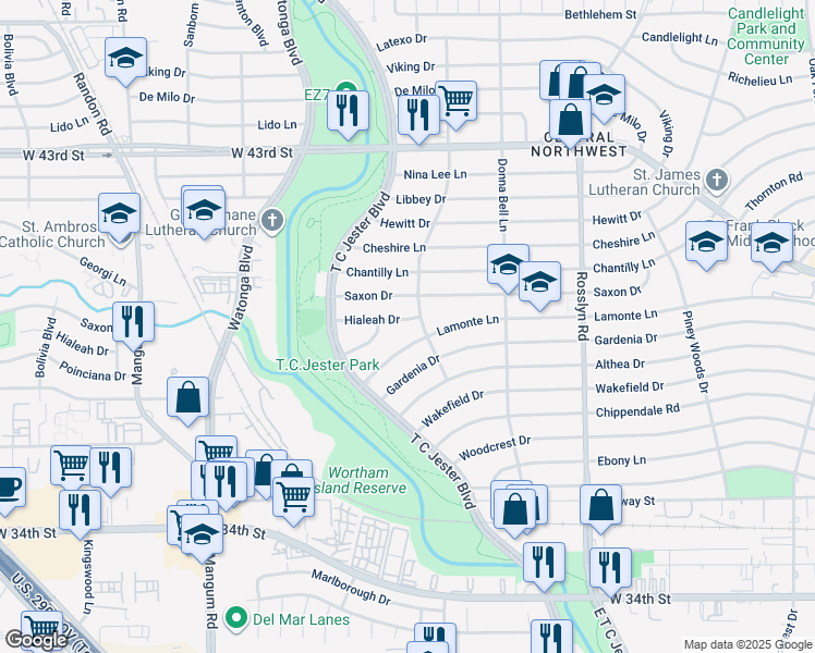 map of restaurants, bars, coffee shops, grocery stores, and more near 2207 Lamonte Lane in Houston
