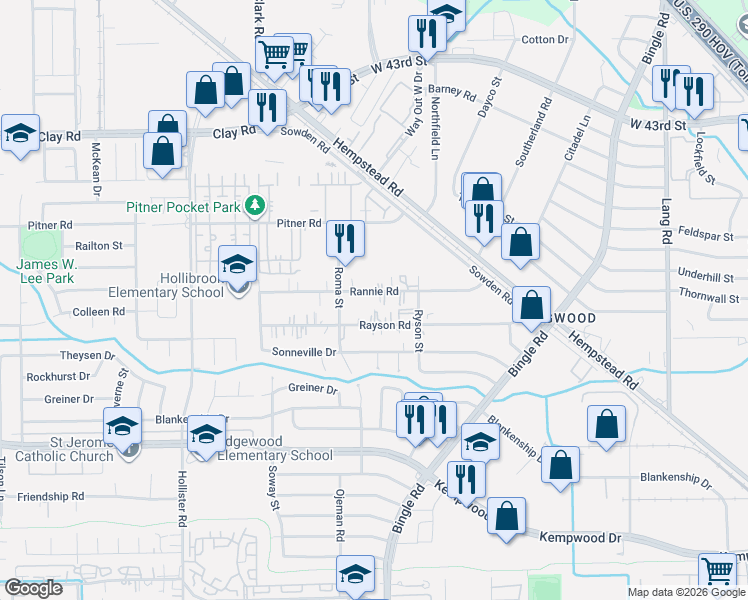 map of restaurants, bars, coffee shops, grocery stores, and more near 8558 Rayson Road in Houston