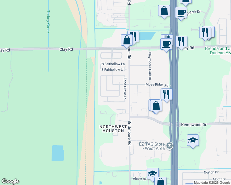 map of restaurants, bars, coffee shops, grocery stores, and more near 11931 Mountain Ridge Road in Houston