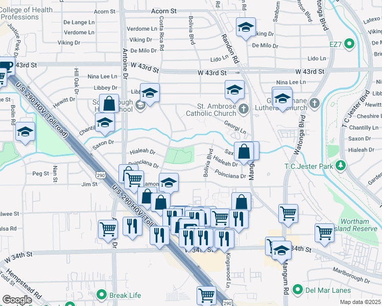 map of restaurants, bars, coffee shops, grocery stores, and more near in Houston