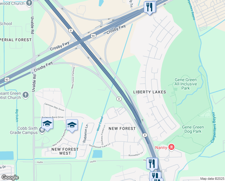 map of restaurants, bars, coffee shops, grocery stores, and more near 173 Sam Houston Tollway in Houston