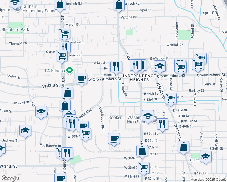 map of restaurants, bars, coffee shops, grocery stores, and more near 421 Crosstimbers Street in Houston