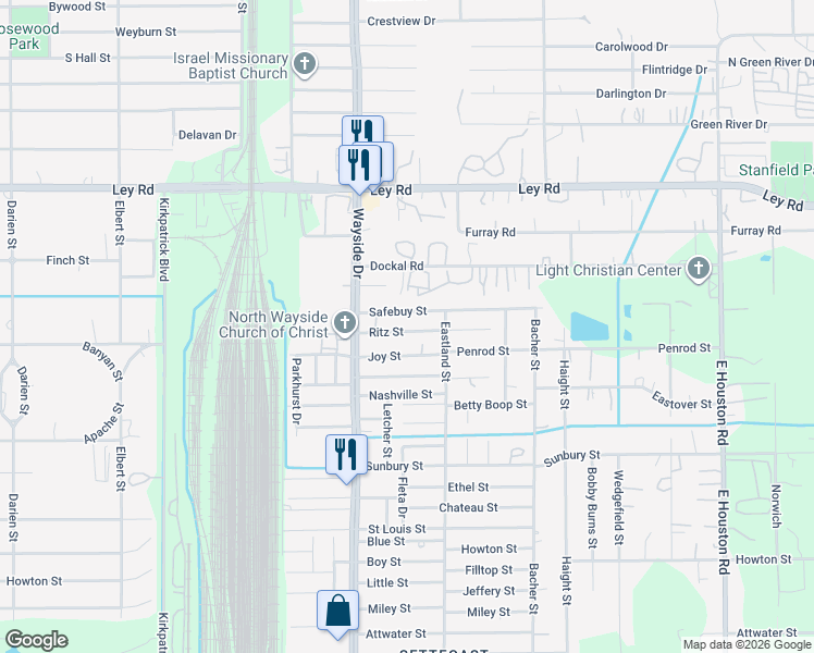 map of restaurants, bars, coffee shops, grocery stores, and more near 7930 Ritz Street in Houston