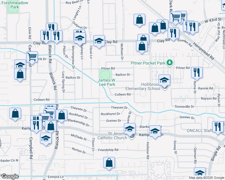 map of restaurants, bars, coffee shops, grocery stores, and more near 9003 Colleen Road in Houston