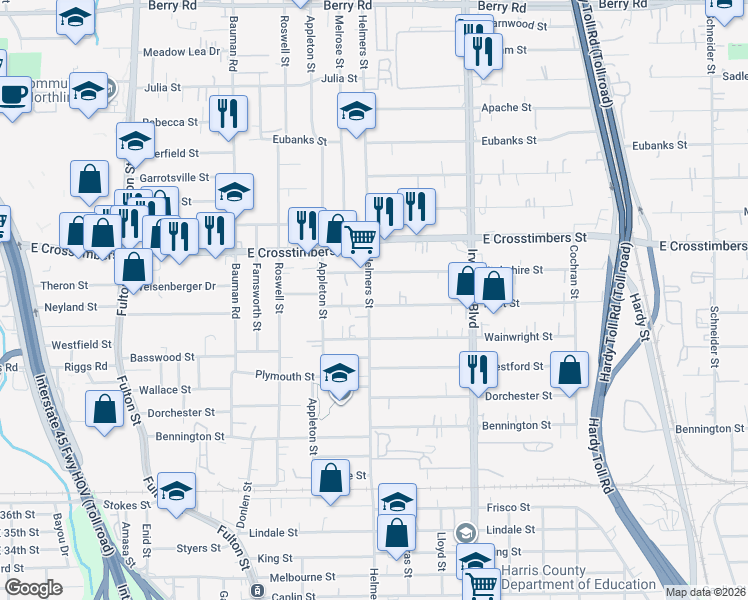 map of restaurants, bars, coffee shops, grocery stores, and more near 7208 Helmers Street in Houston