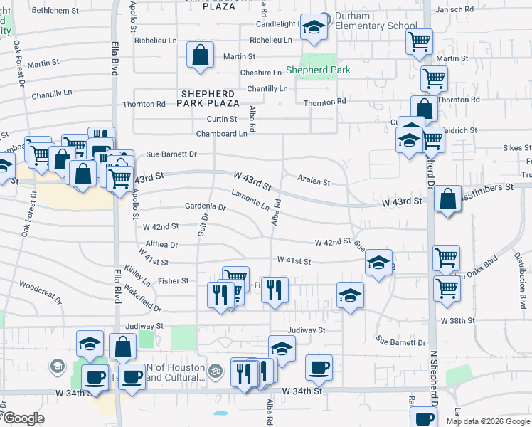 map of restaurants, bars, coffee shops, grocery stores, and more near 918 Gardenia Drive in Houston
