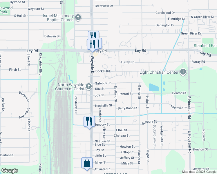 map of restaurants, bars, coffee shops, grocery stores, and more near 7984 Ritz Street in Houston