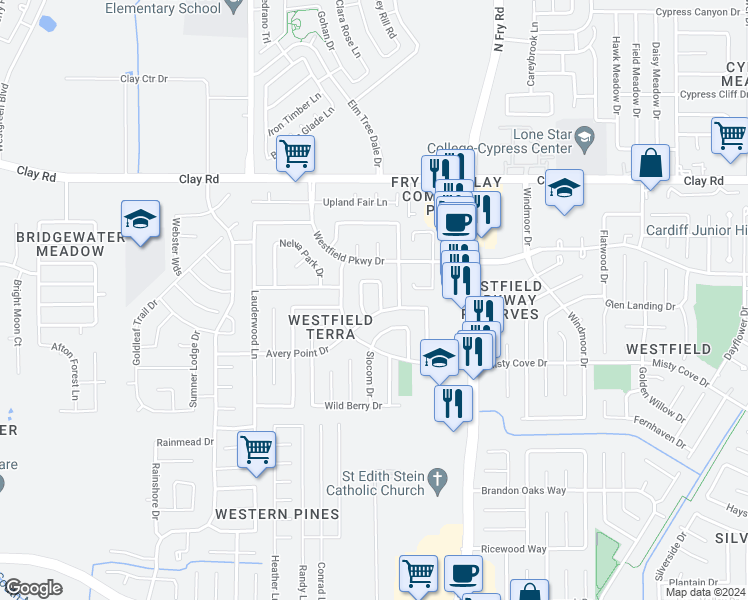 map of restaurants, bars, coffee shops, grocery stores, and more near 3707 Fairhope Grove Circle in Katy