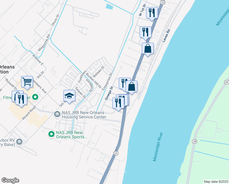 map of restaurants, bars, coffee shops, grocery stores, and more near 118 Iota Street in Belle Chasse