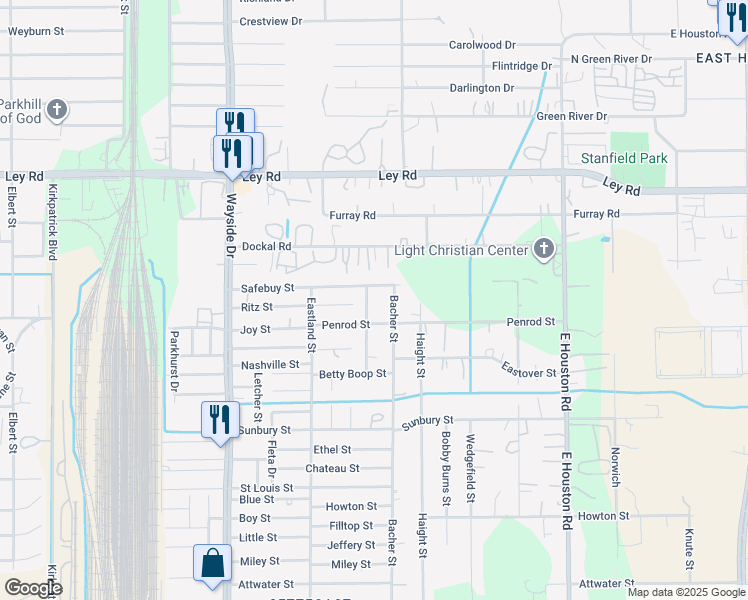 map of restaurants, bars, coffee shops, grocery stores, and more near 8103 Penrod Street in Houston
