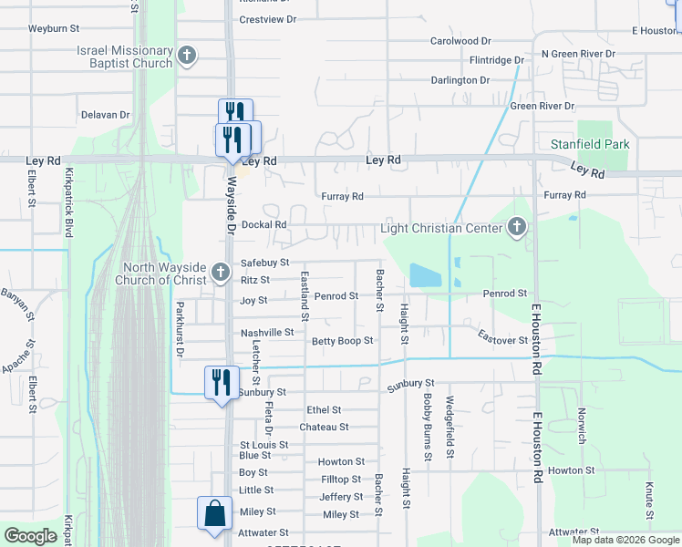 map of restaurants, bars, coffee shops, grocery stores, and more near 8103 Penrod Street in Houston