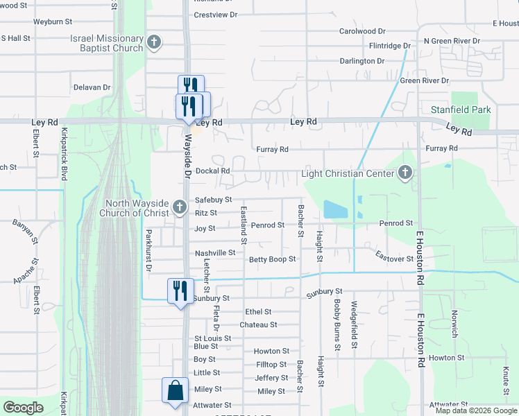 map of restaurants, bars, coffee shops, grocery stores, and more near 8011 Penrod Street in Houston