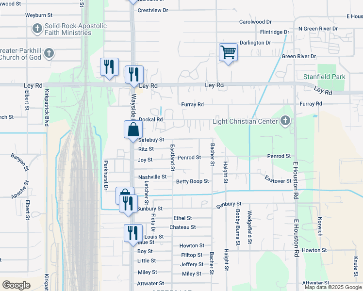 map of restaurants, bars, coffee shops, grocery stores, and more near 8011 Penrod Street in Houston