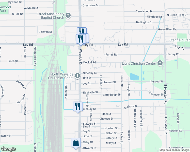 map of restaurants, bars, coffee shops, grocery stores, and more near 7984 Ritz Street in Houston