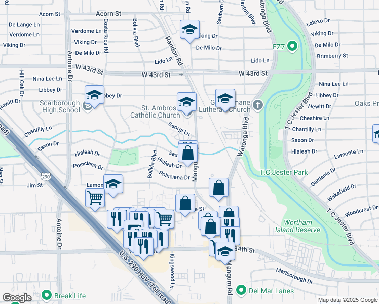 map of restaurants, bars, coffee shops, grocery stores, and more near 3830 Mangum Road in Houston