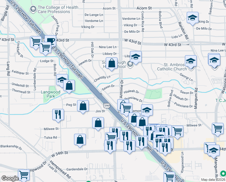 map of restaurants, bars, coffee shops, grocery stores, and more near 3915 Antoine Drive in Houston
