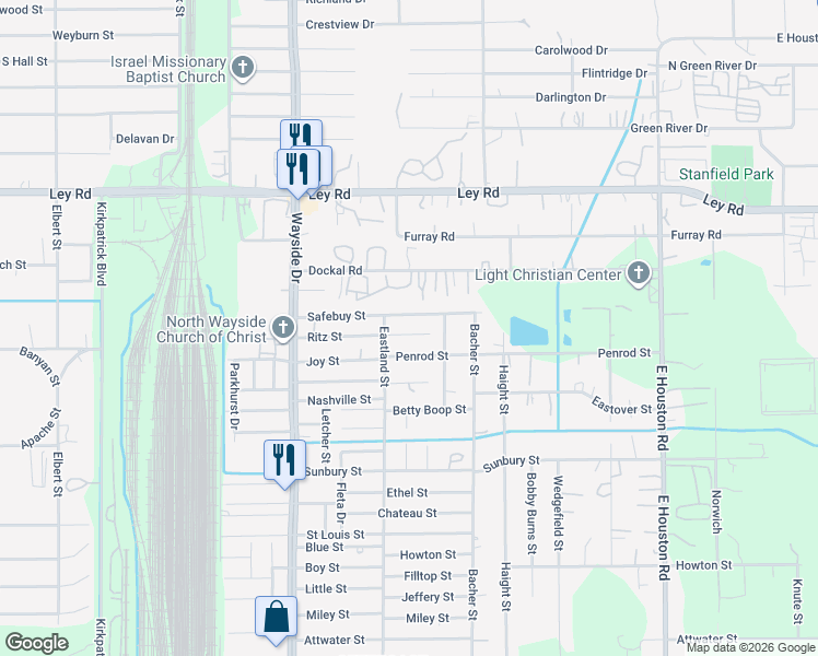 map of restaurants, bars, coffee shops, grocery stores, and more near 8011 Penrod Street in Houston