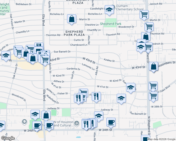 map of restaurants, bars, coffee shops, grocery stores, and more near 918 Gardenia Drive in Houston