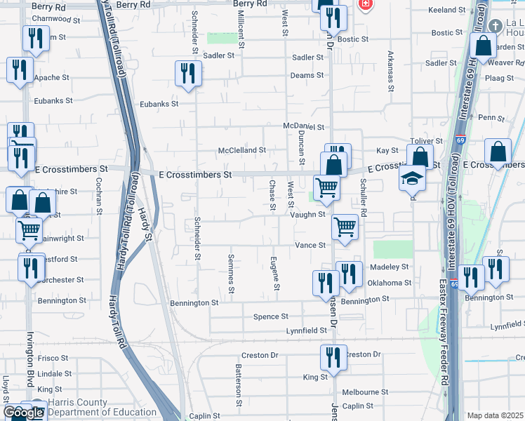 map of restaurants, bars, coffee shops, grocery stores, and more near 2405 Vaughn Street in Houston