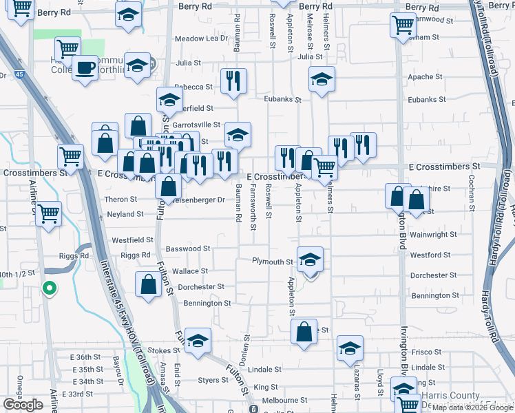 map of restaurants, bars, coffee shops, grocery stores, and more near 7213 Roswell Street in Houston
