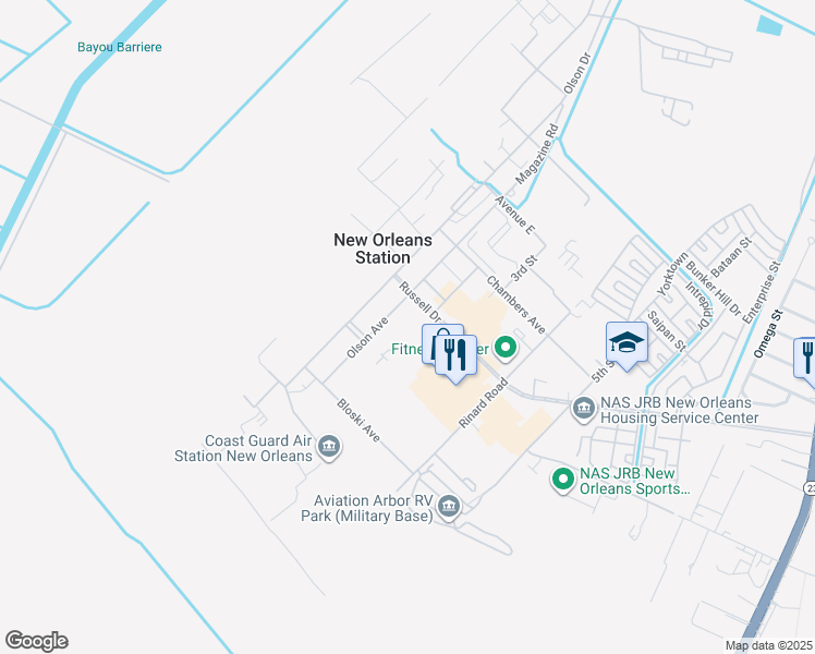 map of restaurants, bars, coffee shops, grocery stores, and more near 400 Russell Drive in Belle Chasse