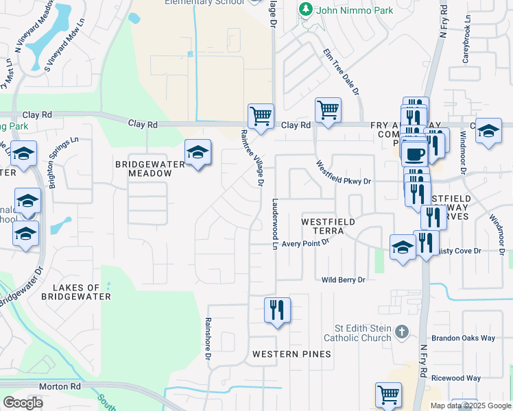 map of restaurants, bars, coffee shops, grocery stores, and more near 3810 Raintree Village Drive in Katy