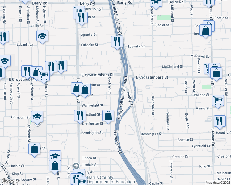 map of restaurants, bars, coffee shops, grocery stores, and more near 1212 Yorkshire Street in Houston