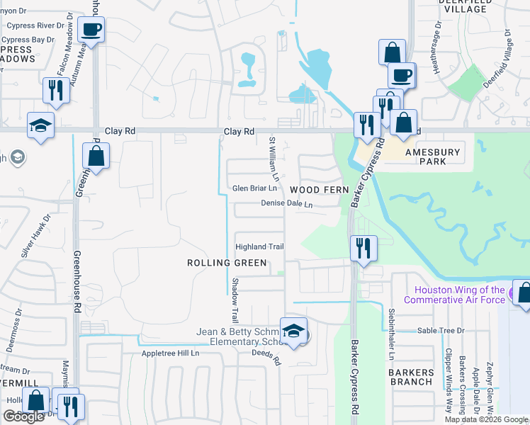 map of restaurants, bars, coffee shops, grocery stores, and more near 18730 Denise Dale Lane in Houston