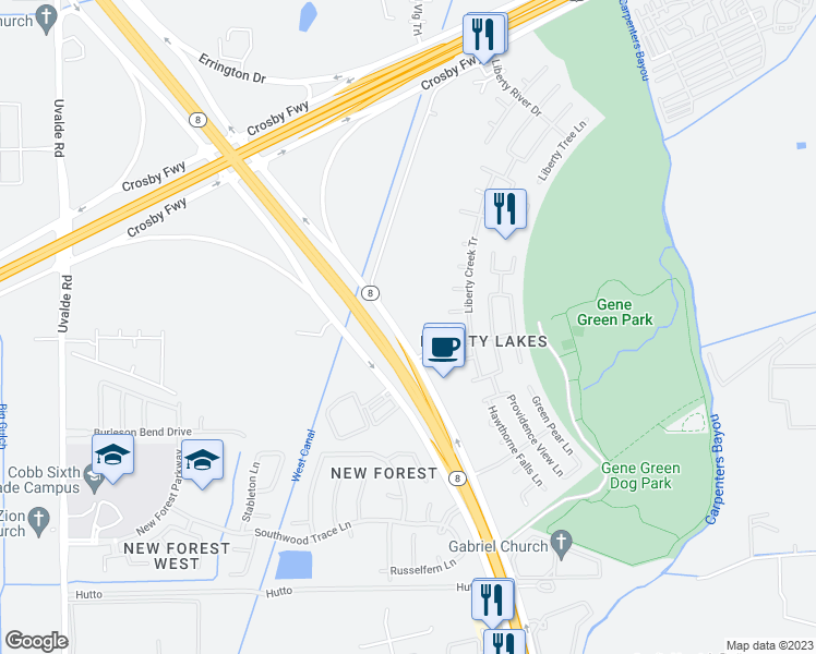 map of restaurants, bars, coffee shops, grocery stores, and more near Sam Houston Parkway in Houston