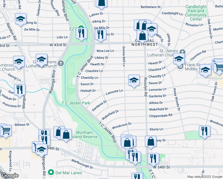 map of restaurants, bars, coffee shops, grocery stores, and more near 2035 Saxon Drive in Houston