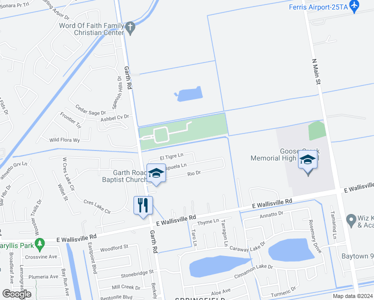 map of restaurants, bars, coffee shops, grocery stores, and more near 5311 El Tigre Lane in Baytown