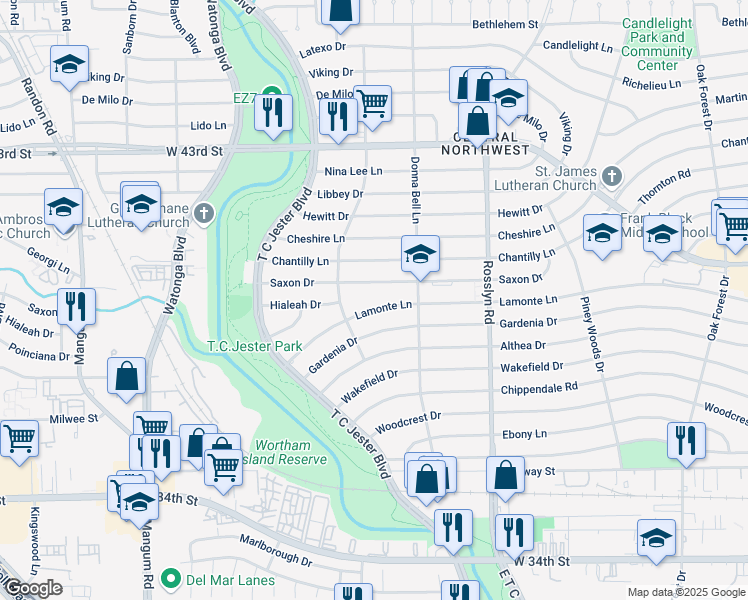 map of restaurants, bars, coffee shops, grocery stores, and more near 2035 Saxon Drive in Houston